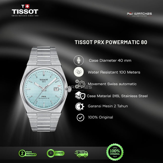 TISSOT PRX Powermatic 80 Ice Blue Dial Stainless Steel 40mm Automatic Watch - T137.407.11.351.00