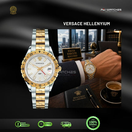 VERSACE Hellenyium GMT Quartz White Dial Two Tone Stainless Steel 42mm - V11060016
