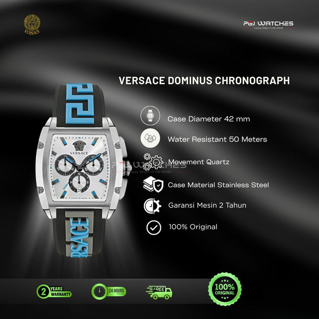 VERSACE Dominus Chronograph Quartz Silver Dial Black Rubber Strap 42mm - VE6E00423