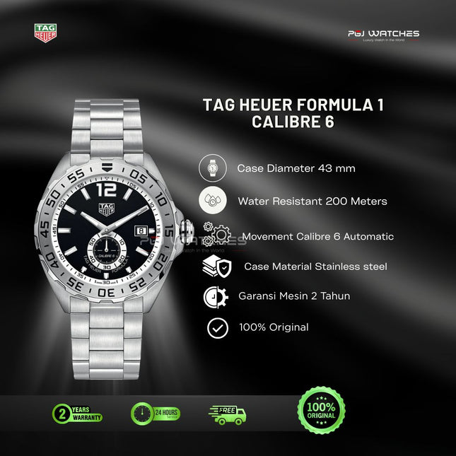 TAG HEUER Formula 1 Calibre 6 Black Dial Stainless Steel 43mm Automatic - WAZ2012.BA0842