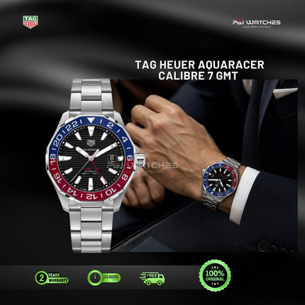 TAG HEUER Aquaracer Calibre 7 GMT Pepsi Bezel Black Dial Stainless Steel 43mm Automatic - WAY201F.BA0927