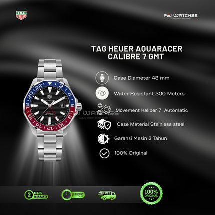 TAG HEUER Aquaracer Calibre 7 GMT Pepsi Bezel Black Dial Stainless Steel 43mm Automatic - WAY201F.BA0927