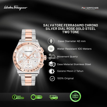 SALVATORE FERRAGAMO Chrono Silver Dial Two Tone Rose Gold Stainless Steel 44mm - SFKZ00623
