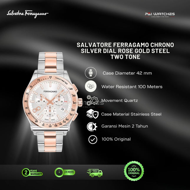 SALVATORE FERRAGAMO Chrono Silver Dial Two Tone Rose Gold Stainless Steel 44mm - SFKZ00623
