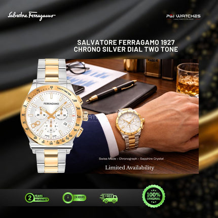 SALVATORE FERRAGAMO 1927 Chronograph Silver Dial Two Tone Stainless Steel 44mm - SFKZ00523