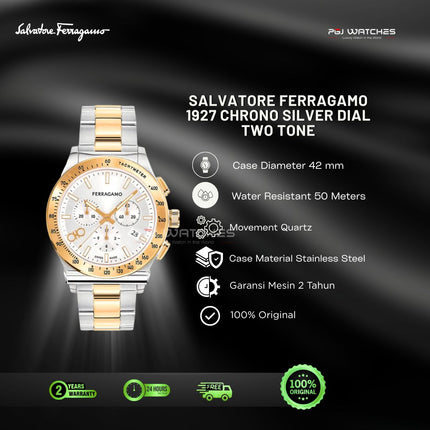 SALVATORE FERRAGAMO 1927 Chronograph Silver Dial Two Tone Stainless Steel 44mm - SFKZ00523