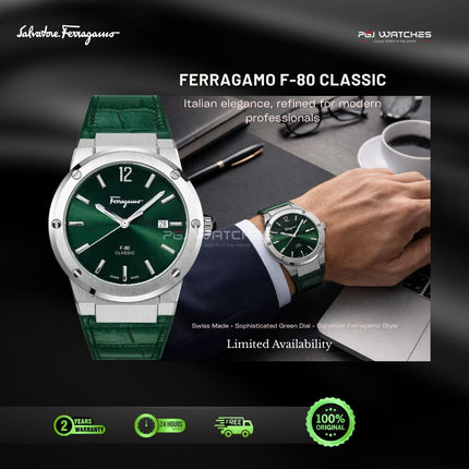 SALVATORE FERRAGAMO F-80 Classic Green Dial Leather Strap Stainless Steel 41mm Quartz - SFDT00721