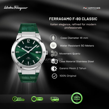 SALVATORE FERRAGAMO F-80 Classic Green Dial Leather Strap Stainless Steel 41mm Quartz - SFDT00721