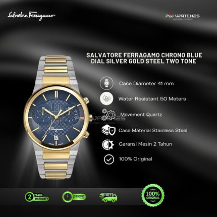SALVATORE FERRAGAMO Chronograph Blue Dial Two Tone Stainless Steel 44mm - SFME00521
