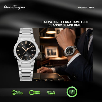 SALVATORE FERRAGAMO F-80 Classic Black Dial Stainless Steel 41mm Quartz - SFDT02423