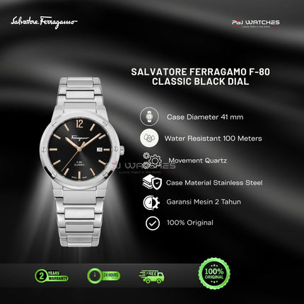 SALVATORE FERRAGAMO F-80 Classic Black Dial Stainless Steel 41mm Quartz - SFDT02423