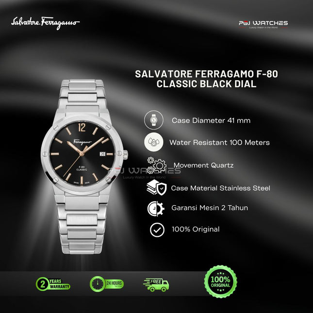 SALVATORE FERRAGAMO F-80 Classic Black Dial Stainless Steel 41mm Quartz - SFDT02423