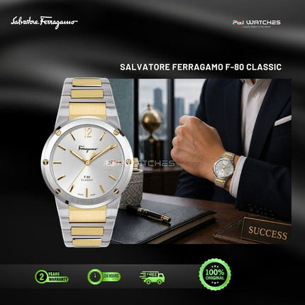 SALVATORE FERRAGAMO F-80 Classic Silver Dial Gold Steel Two Tone 41mm Quartz - SFDT01420