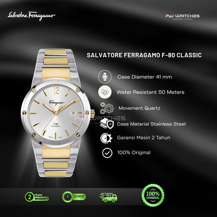 SALVATORE FERRAGAMO F-80 Classic Silver Dial Gold Steel Two Tone 41mm Quartz - SFDT01420
