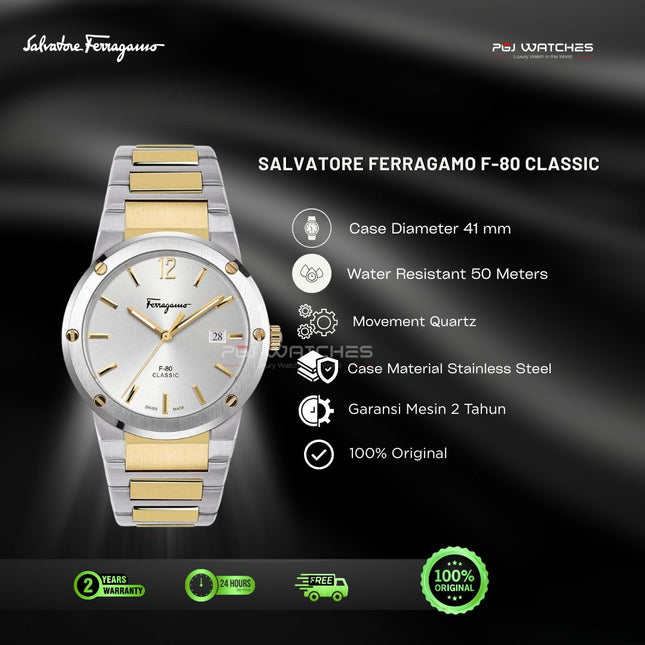 SALVATORE FERRAGAMO F-80 Classic Silver Dial Gold Steel Two Tone 41mm Quartz - SFDT01420