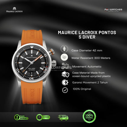 MAURICE LACROIX PONTOS S Diver Automatic 42mm Black Dial Rubber Strap - PT6248-SS00L-330-J