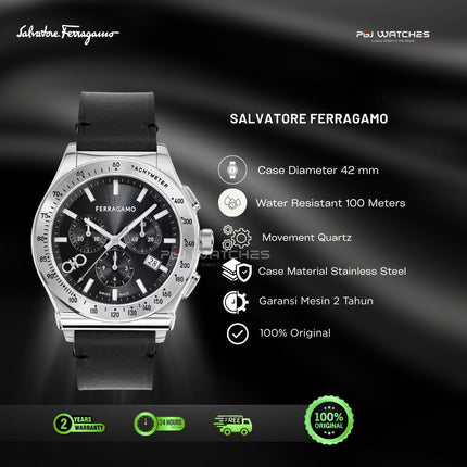 SALVATORE FERRAGAMO Chrono Black Dial Black Sapphire Leather Strap Watch - SFKZ00123