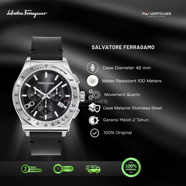 SALVATORE FERRAGAMO Chrono Black Dial Black Sapphire Leather Strap Watch - SFKZ00123