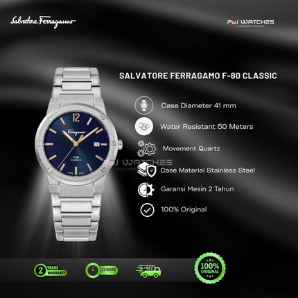 SALVATORE FERRAGAMO F-80 Classic Blue Dial Stainless Steel 41mm Quartz - SFDT02423