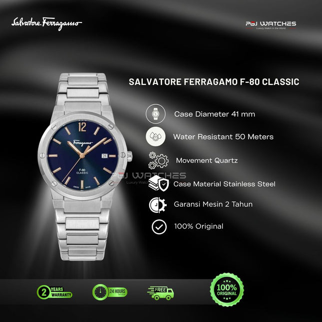 SALVATORE FERRAGAMO F-80 Classic Blue Dial Stainless Steel 41mm Quartz - SFDT02423