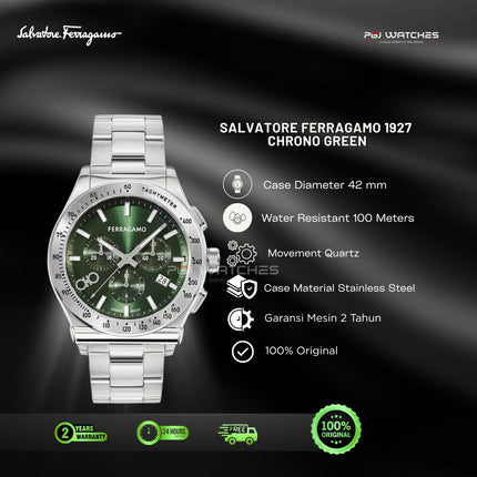 SALVATORE FERRAGAMO Chrono Green Dial Silver Steel Strap Watch - SFKZ00423