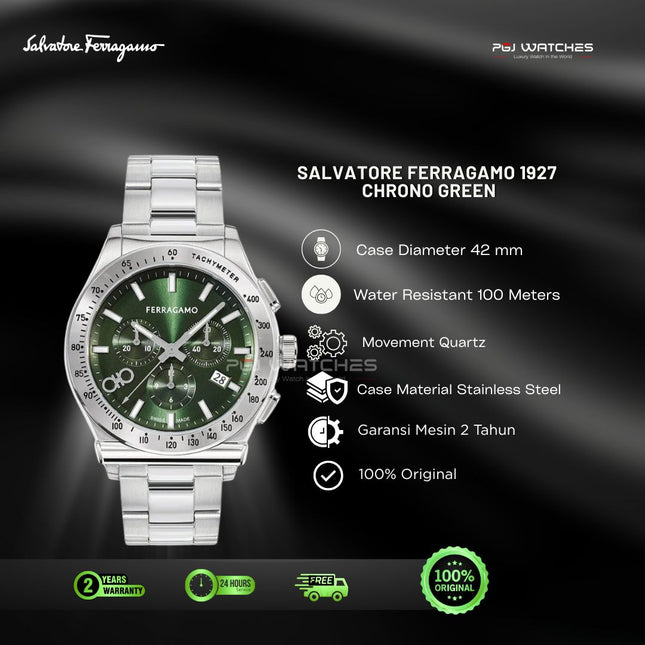 SALVATORE FERRAGAMO Chrono Green Dial Silver Steel Strap Watch - SFKZ00423