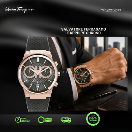 SALVATORE FERRAGAMO Chrono Black Dial Rose Gold Sapphire Rubber Strap Watch - SFME00721