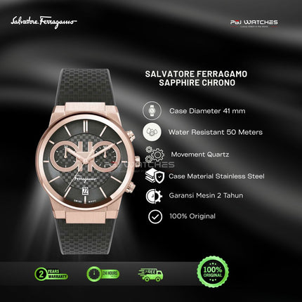 SALVATORE FERRAGAMO Chrono Black Dial Rose Gold Sapphire Rubber Strap Watch - SFME00721