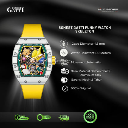 BONEST GATTI Automatic Skeleton Yellow Rubber Strap Watch - BG9001-R1