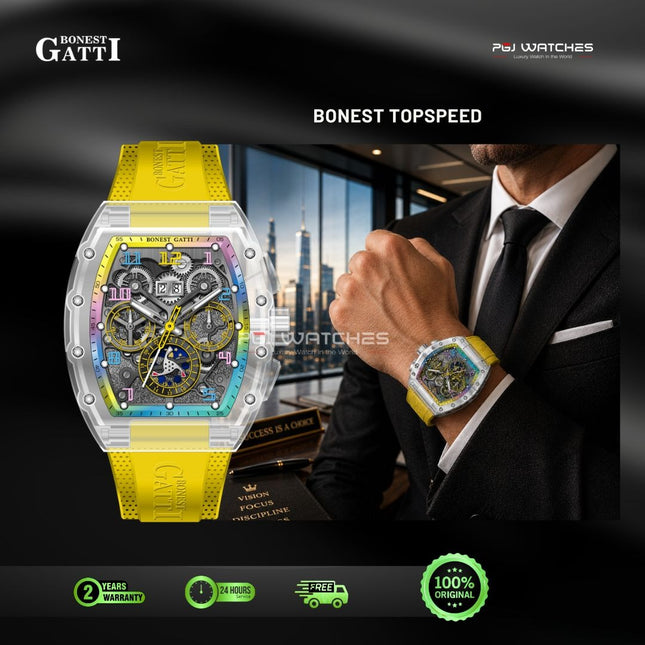 BONEST GATTI Topspeed Automatic Skeleton Rainbow Dial Yellow Rubber Strap Watch - BG9901-YR