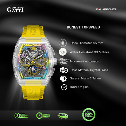 BONEST GATTI Topspeed Automatic Skeleton Rainbow Dial Yellow Rubber Strap Watch - BG9901-YR