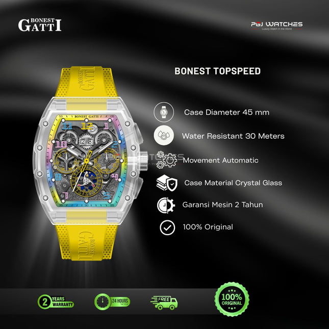 BONEST GATTI Topspeed Automatic Skeleton Rainbow Dial Yellow Rubber Strap Watch - BG9901-YR