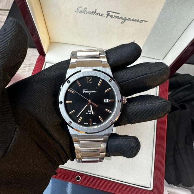 SALVATORE FERRAGAMO F-80 Quartz Classic Black Dial Silver Steel Strap Watch - SFDT01320