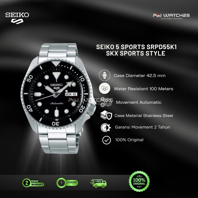 SEIKO 5 SKX Sports Style Black Dial Stainless Steel - SRPD55K1