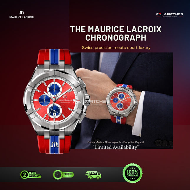 MAURICE LACROIX AIKON Quartz Chronograph Beach Volley Vikings Limited Edition 44mm Red Dial Rubber Strap - AI1018-SS001-530-6
