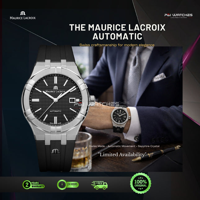 MAURICE LACROIX Aikon Automatic Date 42mm Black Dial Black Rubber - AI6008-SS000-330-2