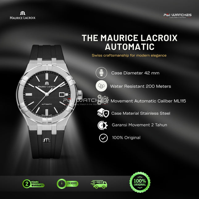 MAURICE LACROIX Aikon Automatic Date 42mm Black Dial Black Rubber - AI6008-SS000-330-2