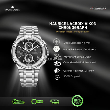 MAURICE LACROIX Aikon Chronograph Quartz 44mm Black Dial Stainless Steel - AI1018-SS002-330-1
