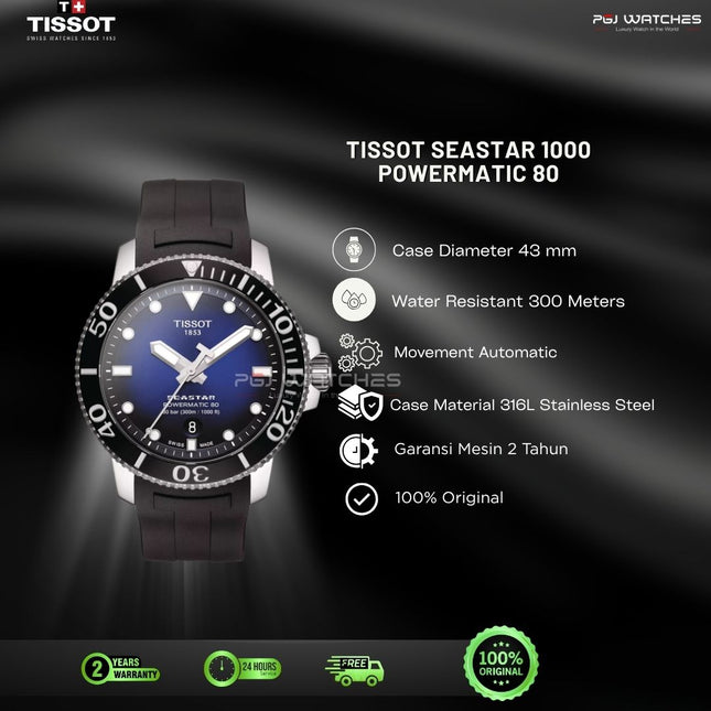 TISSOT Seastar 1000 Powermatic 80 43mm Blue Dial Black Rubber Strap - T120.407.17.041.00