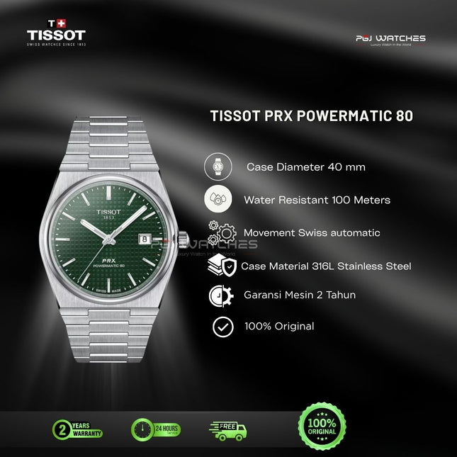 TISSOT PRX Powermatic 80 40mm T‑Classic Green Dial Stainless Steel Bracelet - T137.407.11.091.00