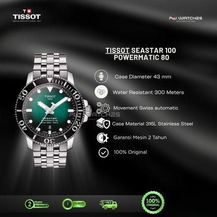 TISSOT Seastar 1000 Powermatic 80 43mm T‑Sport Green Gradient Dial Stainless Steel Bracelet - T120.407.11.091.01