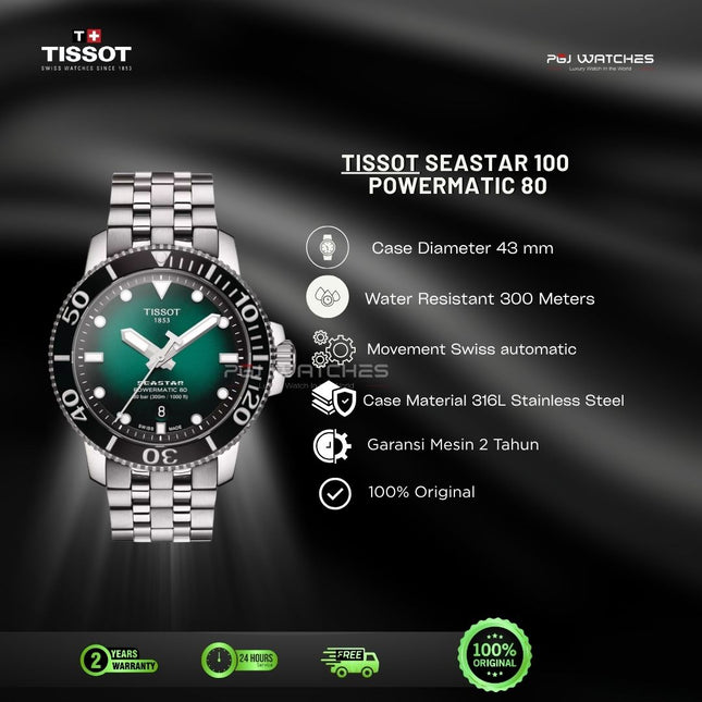 TISSOT Seastar 1000 Powermatic 80 43mm T‑Sport Green Gradient Dial Stainless Steel Bracelet - T120.407.11.091.01