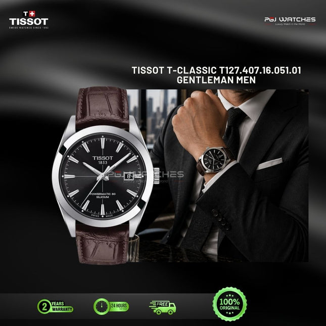 TISSOT T-Classic Gentleman Men Black Dial Brown Leather Strap - T127.407.16.051.01