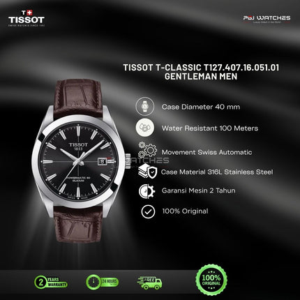 TISSOT T-Classic Gentleman Men Black Dial Brown Leather Strap - T127.407.16.051.01