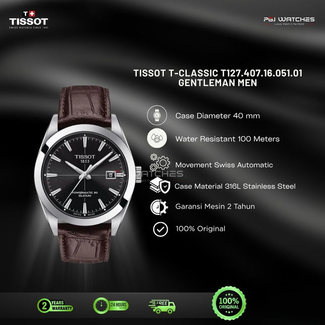 TISSOT T-Classic Gentleman Men Black Dial Brown Leather Strap - T127.407.16.051.01