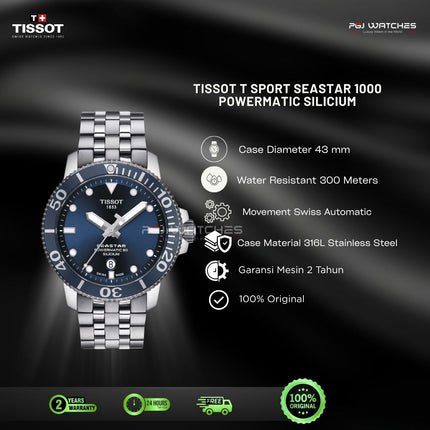TISSOT T Sport Seastar 1000 Powermatic Silicium Blue Dial Silver Steel Strap - T120.407.11.041.01