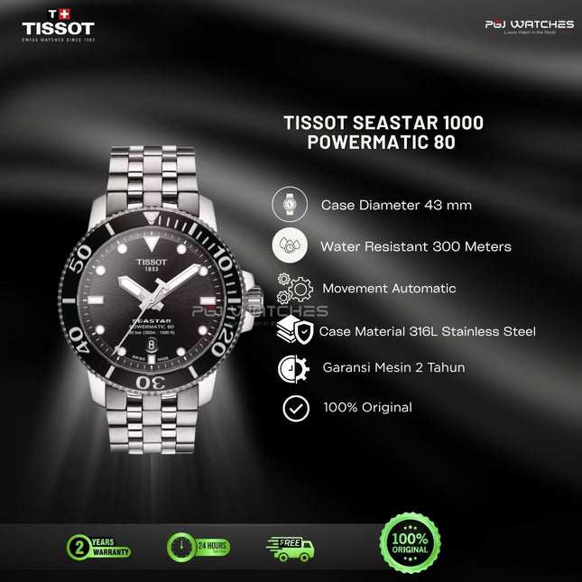 TISSOT Seastar 1000 Powermatic 80 43mm Black Dial Stainless Steel Bracelet - T120.407.11.051.00