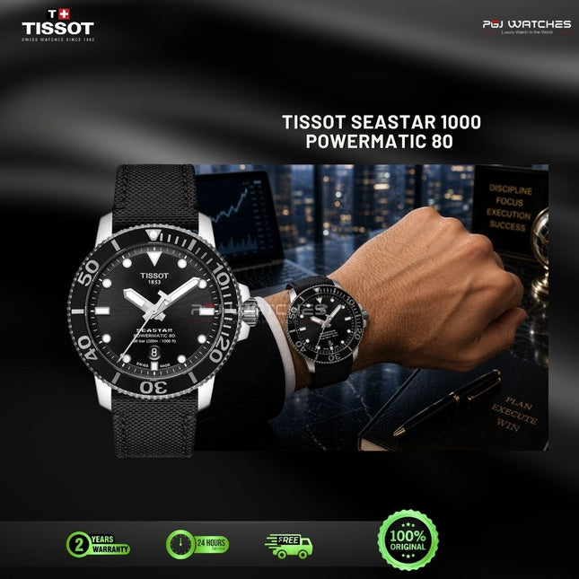 TISSOT Seastar 1000 Powermatic 80 43mm Black Dial Black Fabric Strap - T120.407.17.051.00