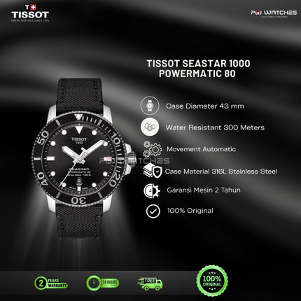 TISSOT Seastar 1000 Powermatic 80 43mm Black Dial Black Fabric Strap - T120.407.17.051.00
