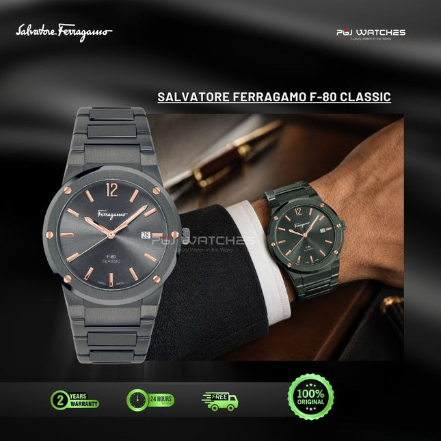 SALVATORE FERRAGAMO F-80 Quartz Classic Grey Dial Steel Strap Watch - SFDT01520